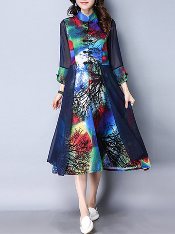 

Vintage Women Stand Collar Printed Nine Point Sleeve Plate Buckle Dresses