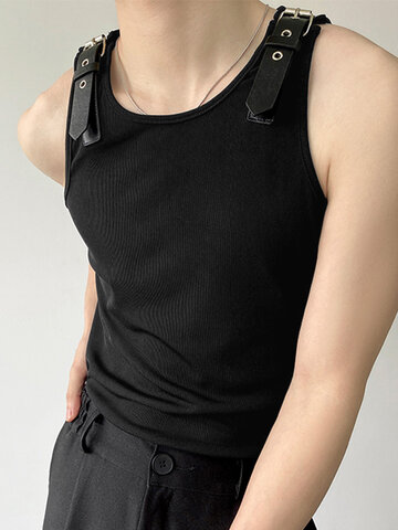 Mens Leather Shoulder Buckle Design Knitted Vest