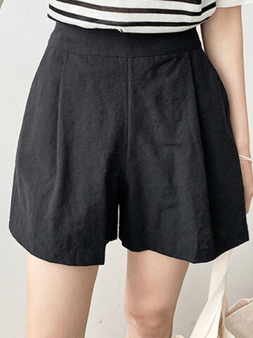 Solid Pocket Elastic Waist Ruched Casual Shorts 