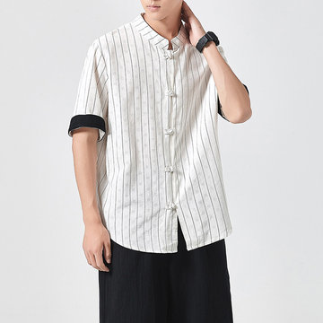 

Season New Loose Striped Retro Hanfu Short-sleeved Shirt Chinese Style Collar Collar Buckle Casual Shirt Men's Tide