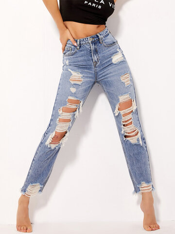 Ripped Zip Button Denim Jeans