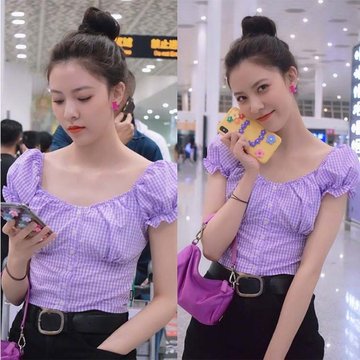 

Song Hao With The Paragraph Purple Plaid Shirt Female Bubble Sleeve Waist Slimming Fairy Shirt