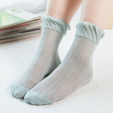 Women Cotton Ultra-Thin Solid Pure Color Ice Silk Mesh Breathable Lace Pine Ankle Socks