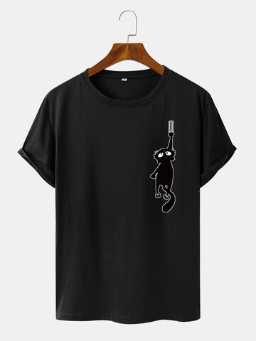 Black Cat Chest Print T-Shirts