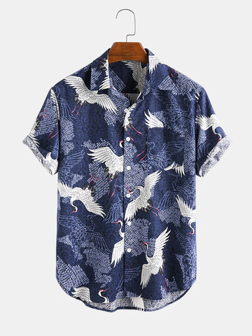 Chinese Classical Style Red-Crowned Crane Shirts