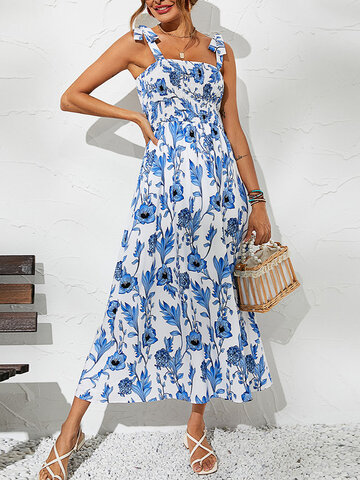 Blue Calico  Print Shirred Dress