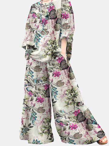 Zweiteiliger Anzug mit Pflanzen-Print und Tasche