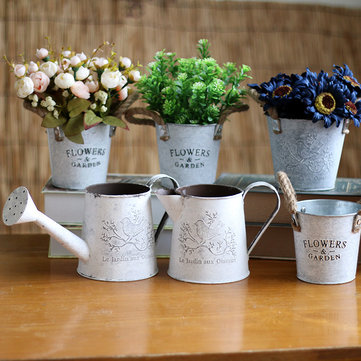 

Flower Metal Vases Tin Pots Barrels Basket Vintage Pastoral Style Home Garden Decor, White