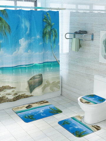 Playa barco Cortina de ducha estampada Alfombrilla de cuatro piezas Cuarto de baño Juego de alfombrillas Cuarto de baño Cortina de ducha creativa