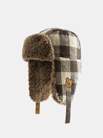 Unisex Color-match Lattice Bear Patch Trapper Hat