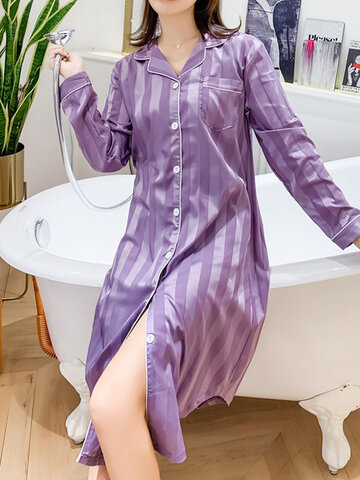 Plus Size Silk Stripes Shirt Nightdress