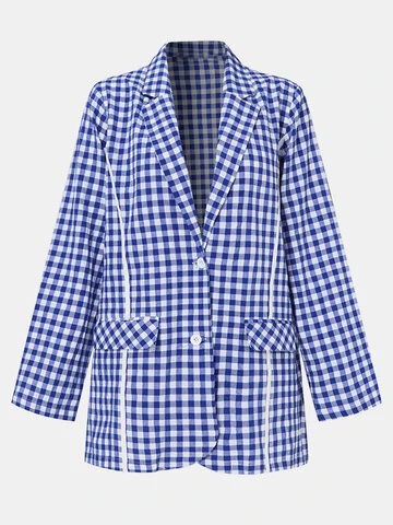 Plaid Print Button Pocket Long Sleeve Casual Jacket Coat for Women 