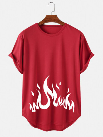 Flame Print O-Neck High Low T-Shirts