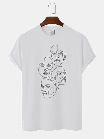 100% Cotton Face Line Print White T-Shirt