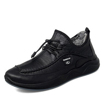 Men Plush Lining Warm Elastic Lace Non Slip Casual Leather Shoes