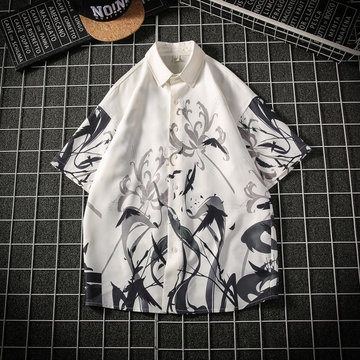 

Season New Japanese Casual Couple Large Size Short-sleeved Shirt Men's Trend Handsome Seven-point Sleeve Printed Shirt