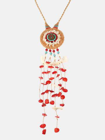Women's Bohemian Ethnic Turquoise Beads Shell Tassel Necklace