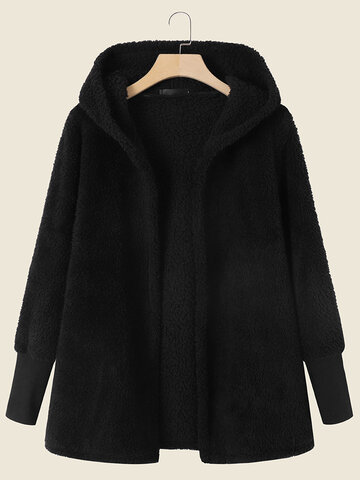 Solid Plush Long Sleeve Hooded Coat