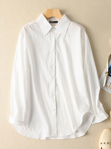 Cotton Solid Lapel Loose Shirt