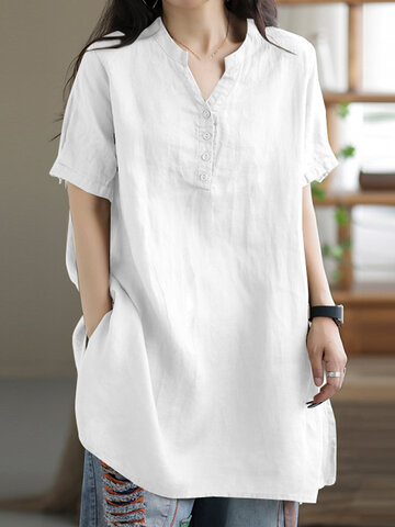 Solid Short Sleeve Button Blouse
