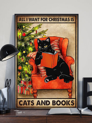 1 Pc Cat And Books Pattern Christmas Series Canvas Printing Self-adhesive Home Decor For Bedroom Livingroom Wall Stickers
