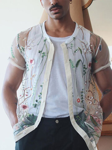 Men Plant Floral Embroidery Thin See Through Fashion Shirt