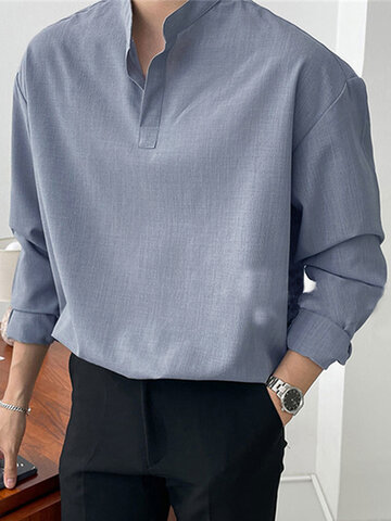 Solid Stand Collar Henley Shirt