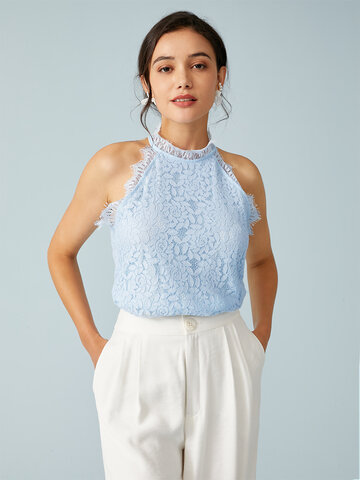 Lace Solid Halter Tank Top