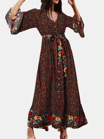 Bohemian Floral Belt Maxi Dress