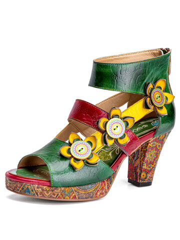SOCOFY Floral Platform Chunky Heel Sandals
