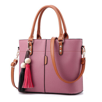 Women Solid Faux Leather Large Capacity Tassel Handbags