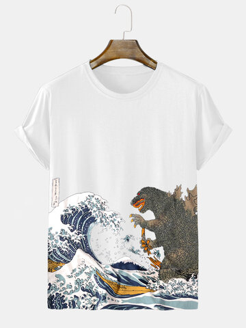 T-shirts Ukiyoe de dinosaure de vague japonaise