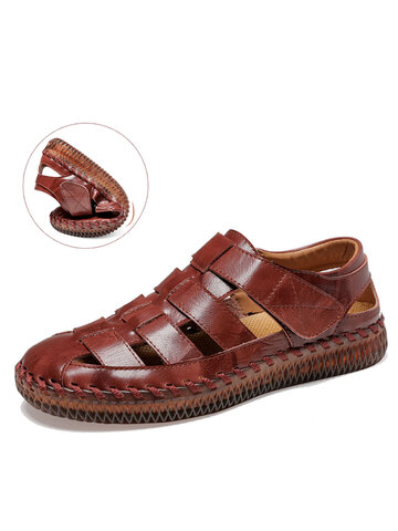 Men Hand Stitching Outdoor Closed Round Toe Leather Sandals Clogs Casual Slipper 
