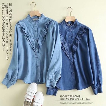 

D42-439 European And American College Wind Lace Laminated Decorative Solid Color Tencel Denim Wild Shirt Women