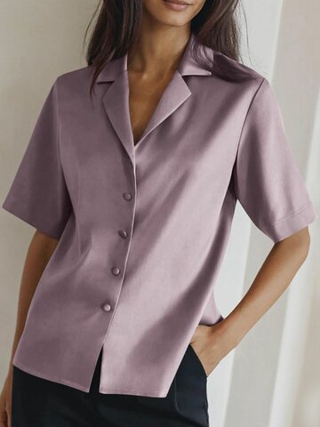 Satin Solid Button Front Blouse