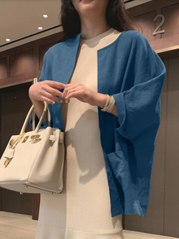 Solid 3/4 Sleeve Dual Pocket Kimono