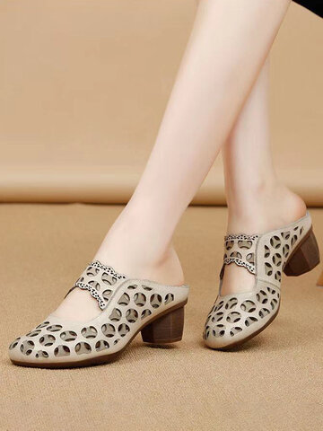 Vintage Breathable Hollow Heeled Slippers