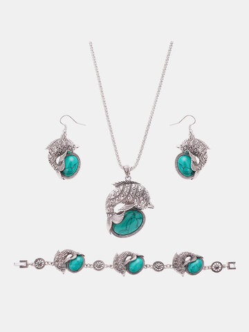 Bijoux Rétro Set Poissons Turquoise Pendentif Collier Boucles D'oreilles Bracelet [