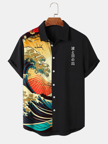 Japanese Wave Ukiyoe Patchwork Shirts