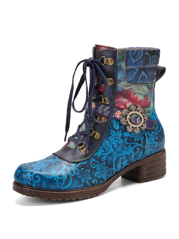 Floral Print Patchwork Side-zip Short Boots