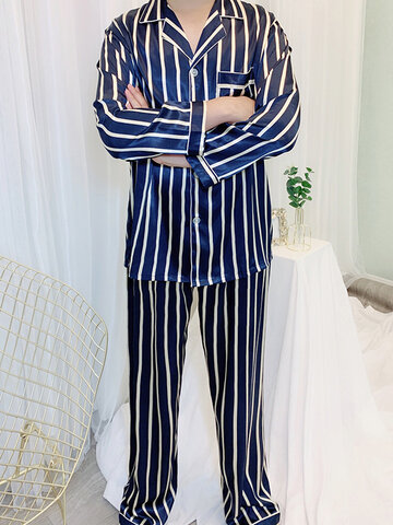 Faux Silk Striped Lapel Smooth Pajamas Sets