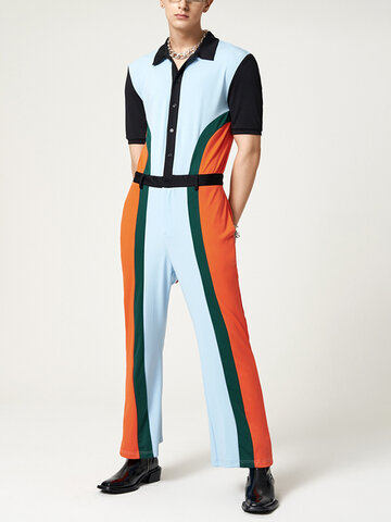 Multicolor Patchwork Lapel Jumpsuit