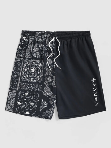 Shorts patchwork com estampa japonesa Paisley