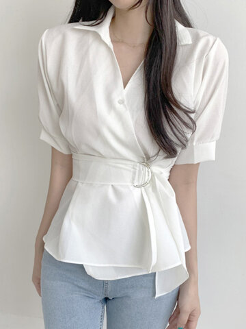 Solid Pleats Puff Sleeve Belted Blouse