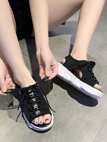 Lace-up Soft Breathable Knitted Fabric Platform Sports Sandals