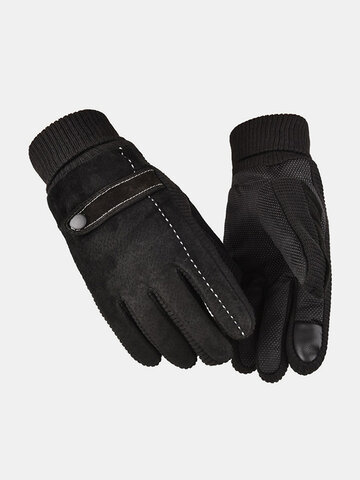 Men Leather Plus Velvet Thick Screen Touchable Riding Driving Motorcycle Windproof Keep Warm Full-finger Gloves