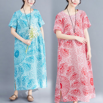 

Season New National Style Large Size Women's Skirt Short-sleeved Printed Dress Loose Cotton And Linen Dress Female