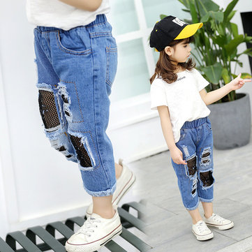 Children's Clothing Season New Girls Hole Mesh Gauze Jeans Cotton Cropped Trousers