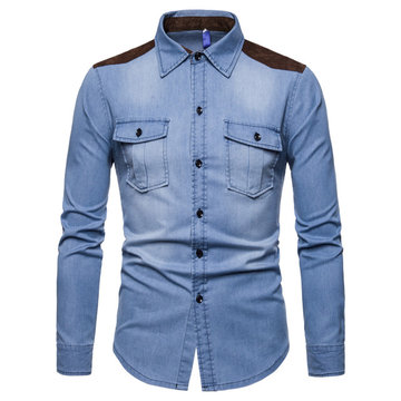

2018 New Men's Cotton Denim Shirt Ou Code Suede Color Washable Denim Long-sleeved Shirt C9901