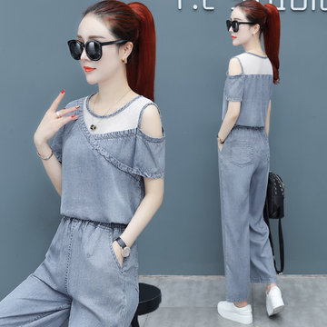 Season New Short-sleeved Sports Suit Pants Trousers Loose Fashion Casual Women's Denim Two-piece